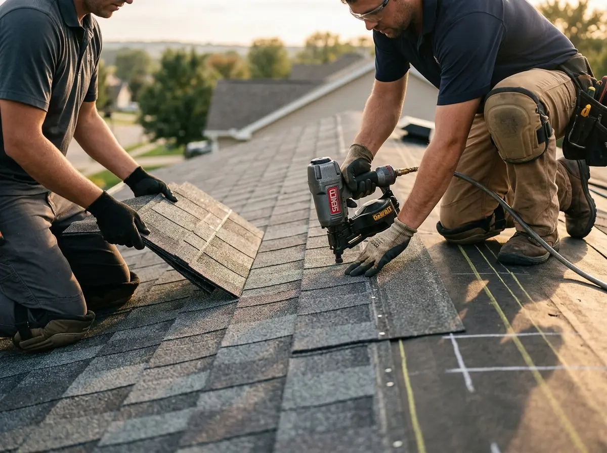 Professional roofer working on a residential roof in North Union